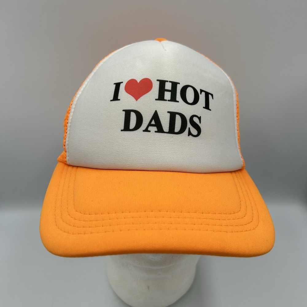 I Love Hot Dads Trucker Hat Orange White Mesh Snapback Adjustable Mens Hat